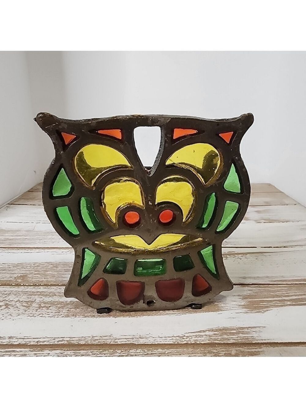 Vintage Owl faux stained glass napkin holder cast iron